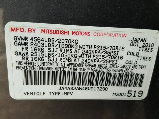 JA4AS2AW4BU017290 - 2011 MITSUBISHI OUTLANDER GRAY photo 10