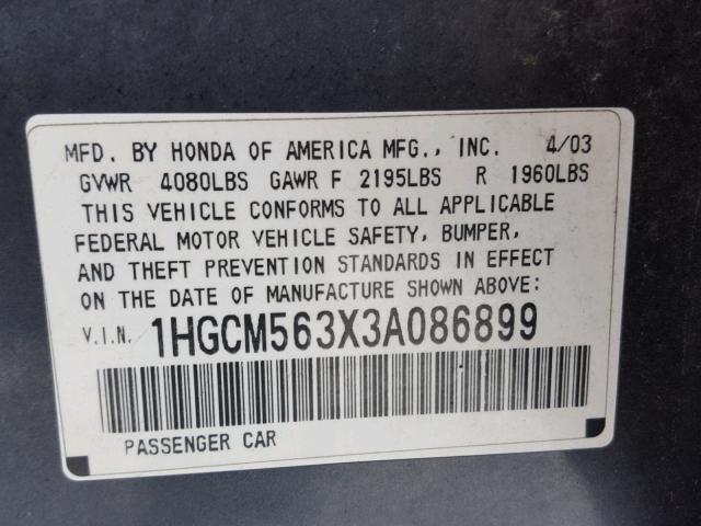 1HGCM563X3A086899 - 2003 HONDA ACCORD LX GRAY photo 10