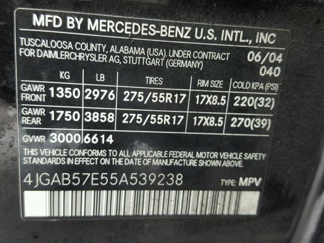 4JGAB57E55A539238 - 2005 MERCEDES-BENZ ML 350 BLACK photo 10