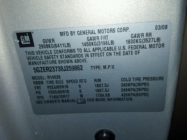 5GZER23738J259862 - 2008 SATURN OUTLOOK XR კრემისფერი ფოტო 10