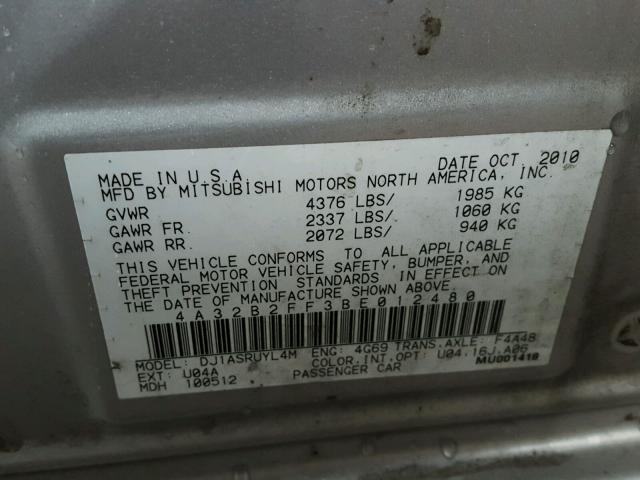 4A32B2FF3BE012480 - 2011 MITSUBISHI GALANT FE SILVER photo 10