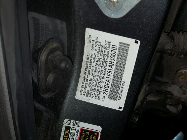 2HGFA1F51AH500201 - 2010 HONDA CIVIC LX CHARCOAL photo 10