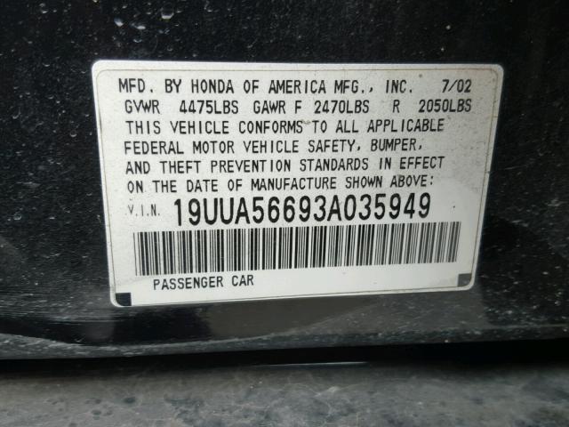 19UUA56693A035949 - 2003 ACURA 3.2TL BLACK photo 10