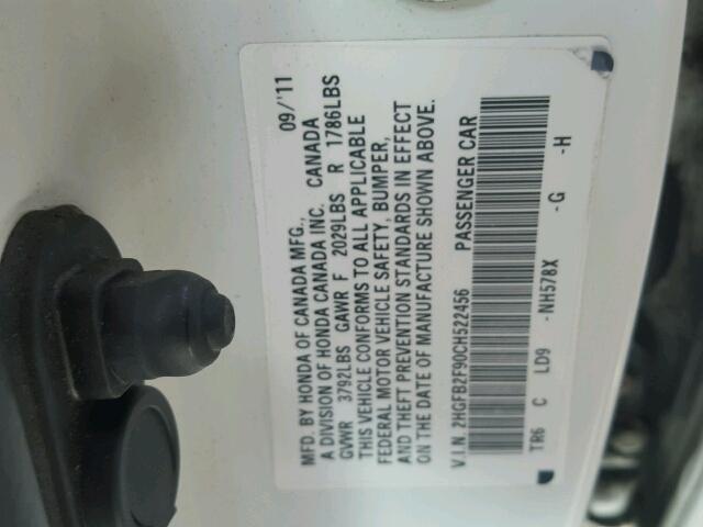 2HGFB2F90CH522456 - 2012 HONDA CIVIC EXL 白色 照片 10