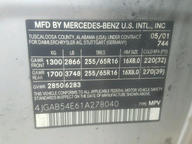 4JGAB54E61A278040 - 2001 MERCEDES-BENZ ML 320 SILVER photo 10