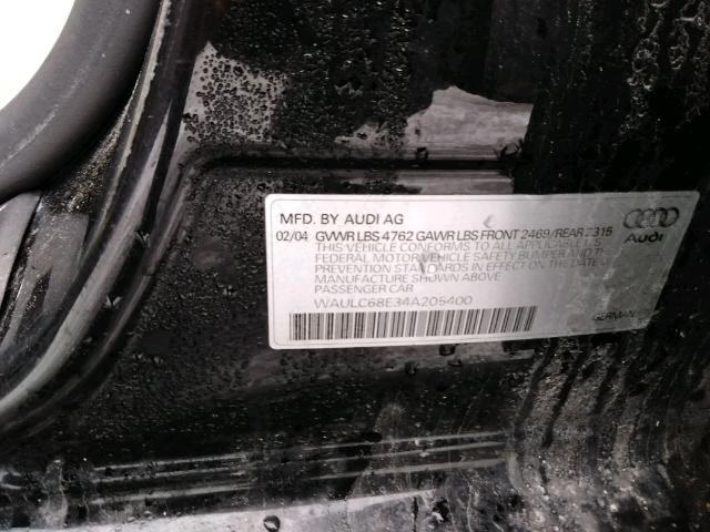 WAULC68E34A205400 - 2004 AUDI A4 1.8T QU BLACK photo 10