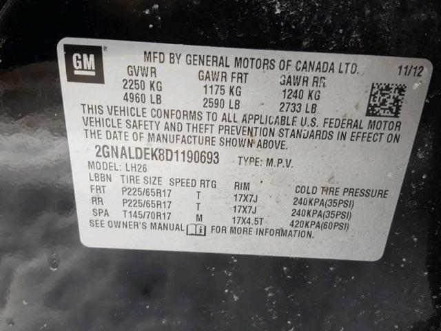 2GNALDEK8D1190693 - 2013 CHEVROLET EQUINOX LT BLACK photo 10