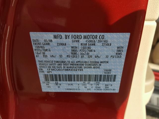 1FMCU03198KE02195 - 2008 FORD ESCAPE XLT RED photo 10