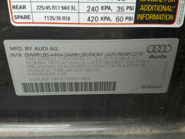 WAUHF78P47A007966 - 2007 AUDI A3 2 CHARCOAL photo 10