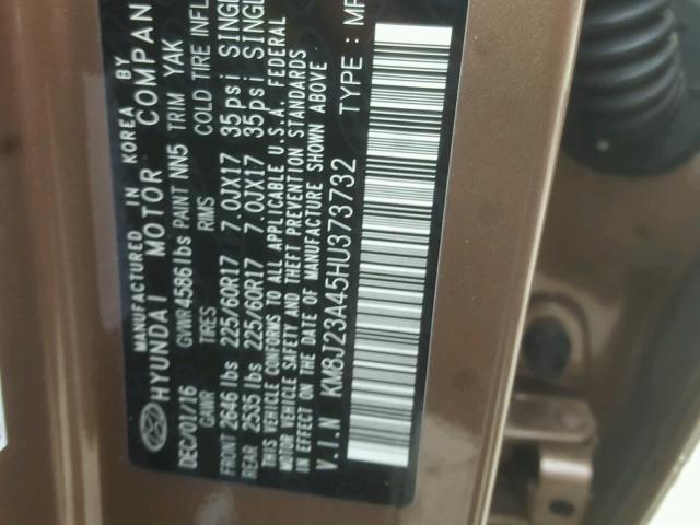 KM8J23A45HU373732 - 2017 HYUNDAI TUCSON SE BROWN photo 10