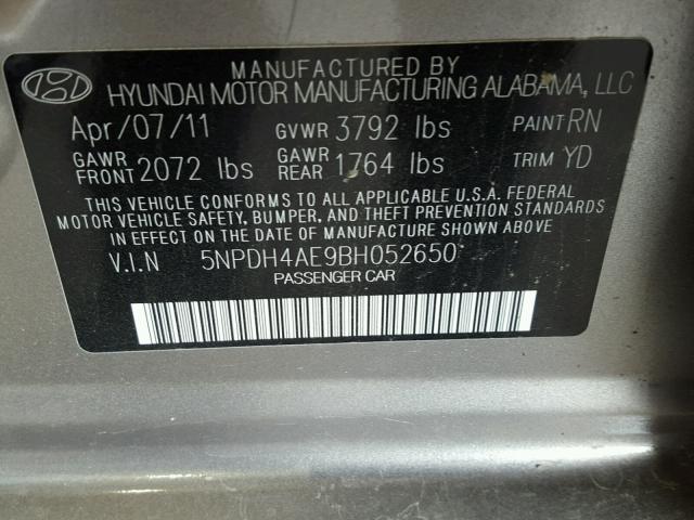 5NPDH4AE9BH052650 - 2011 HYUNDAI ELANTRA GL GRAY photo 10