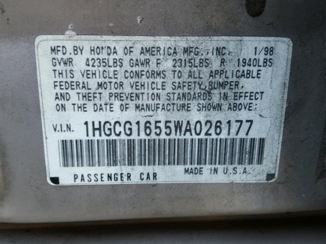 1HGCG1655WA026177 - 1998 HONDA ACCORD EX SILVER photo 10