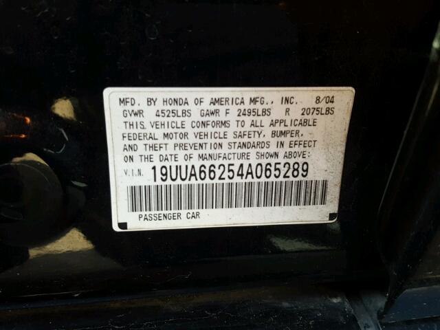 19UUA66254A065289 - 2004 ACURA TL BLACK photo 10