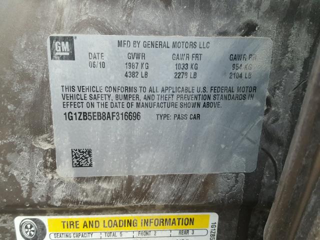 1G1ZB5EB8AF316696 - 2010 CHEVROLET MALIBU LS თაფლისფერი ფოტო 10