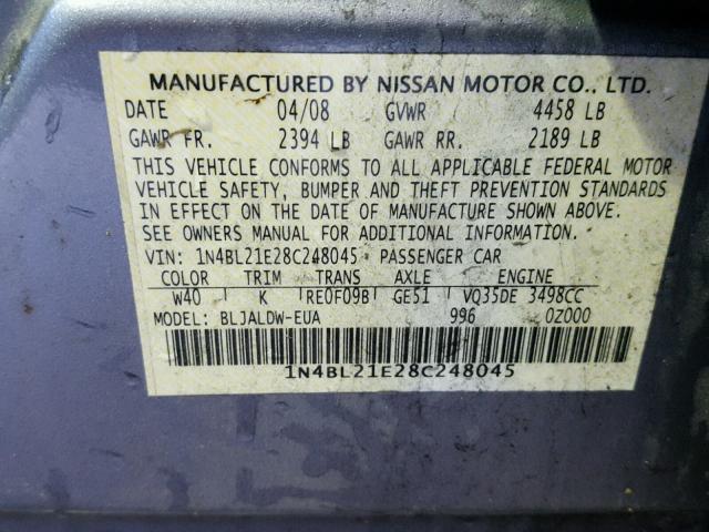 1N4BL21E28C248045 - 2008 NISSAN ALTIMA 3.5 GRAY photo 10