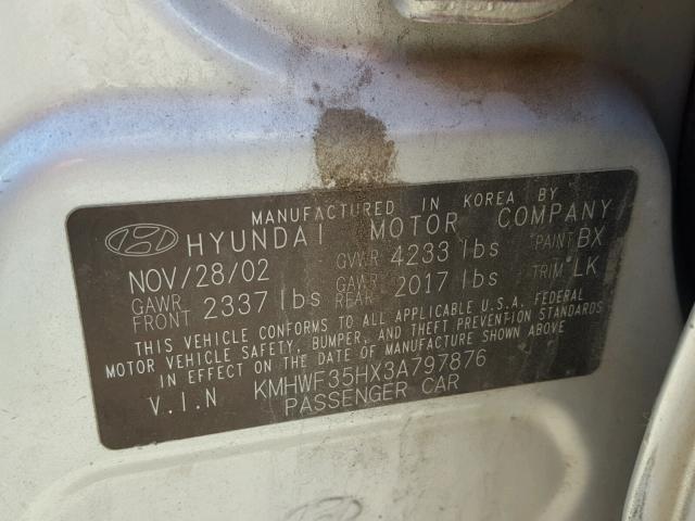 KMHWF35HX3A797876 - 2003 HYUNDAI SONATA GLS SILVER photo 10