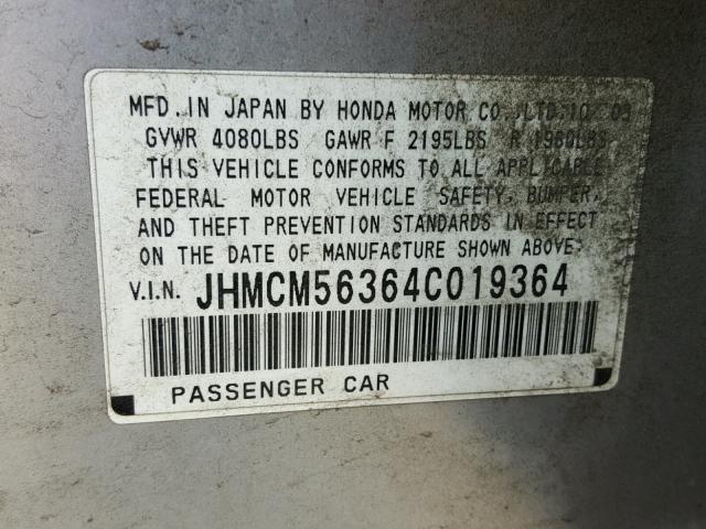 JHMCM56364C019364 - 2004 HONDA ACCORD LX SILVER photo 10