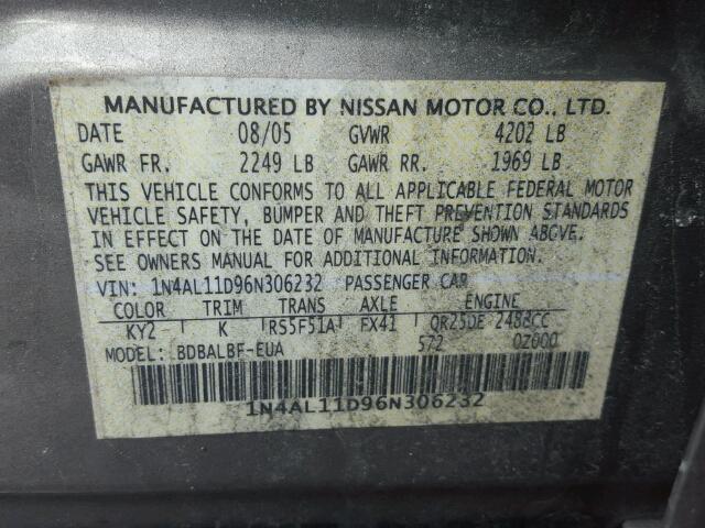 1N4AL11D96N306232 - 2006 NISSAN ALTIMA S GOLD photo 10