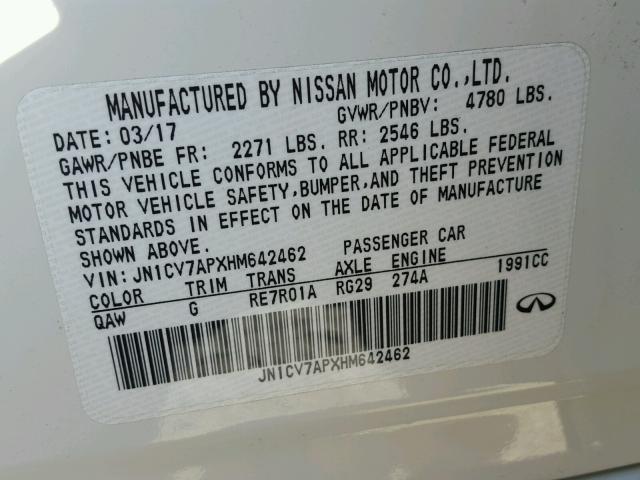 JN1CV7APXHM642462 - 2017 INFINITI Q50 BASE Blanco foto 10