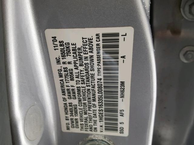 1HGES16335L008074 - 2005 HONDA CIVIC DX V SILVER photo 10