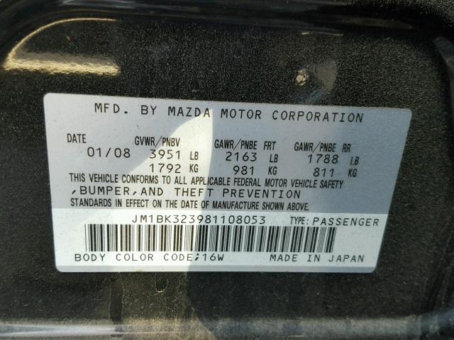 JM1BK323981108053 - 2008 MAZDA 3 S BLACK photo 10