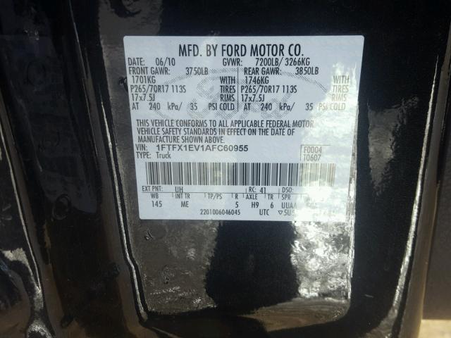 1FTFX1EV1AFC60955 - 2010 FORD F150 SUPER BLACK photo 10