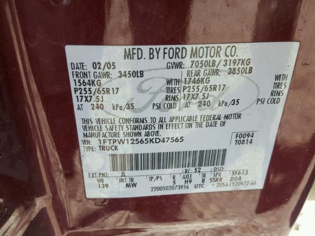 1FTPW12565KD47565 - 2005 FORD F150 SUPER MAROON photo 10