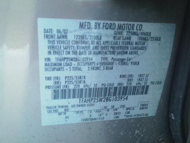 1FAHP25W28G103954 - 2008 FORD TAURUS LIM TAN photo 10