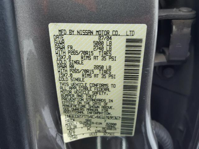 1N6ED27T54C462092 - 2004 NISSAN FRONTIER C GRAY photo 10