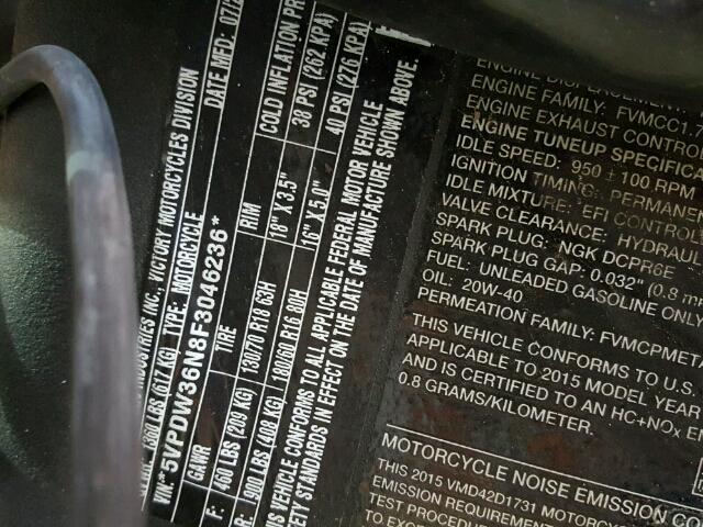 5VPDW36N8F3046236 - 2015 VICTORY MOTORCYCLES CROSS COUN Argent photo 10