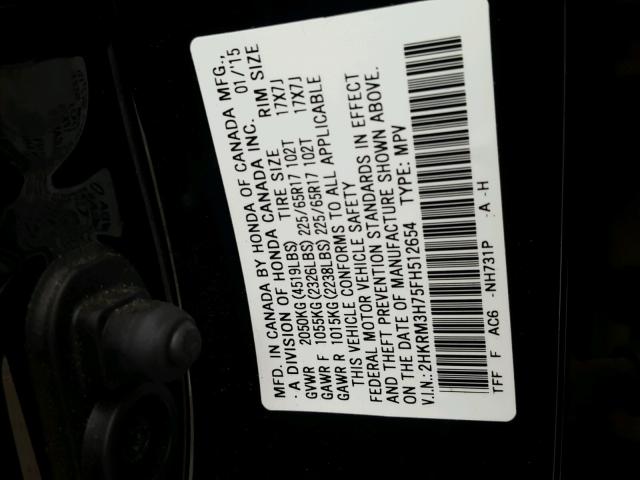 2HKRM3H75FH512654 - 2015 HONDA CR-V EXL BLACK photo 10