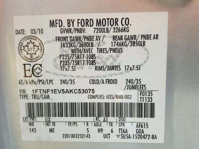 1FTNF1EV5AKC53075 - 2010 FORD F150 SILVER photo 10