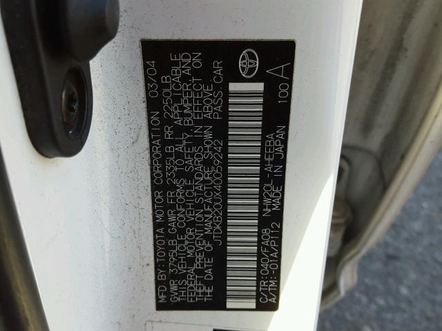 JTDKB20UX40059242 - 2004 TOYOTA PRIUS WHITE photo 10