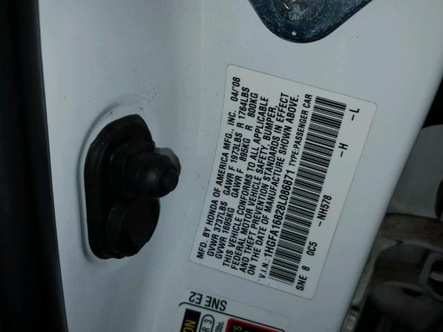 1HGFA16828L086871 - 2008 HONDA CIVIC EX WHITE photo 10