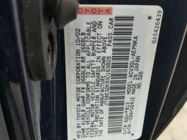 JTDBE32K930163809 - 2003 TOYOTA CAMRY LE BLUE photo 10