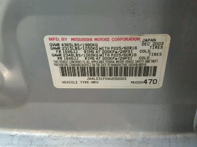 JA4LZ31F04U052003 - 2004 MITSUBISHI OUTLANDER SILVER photo 10