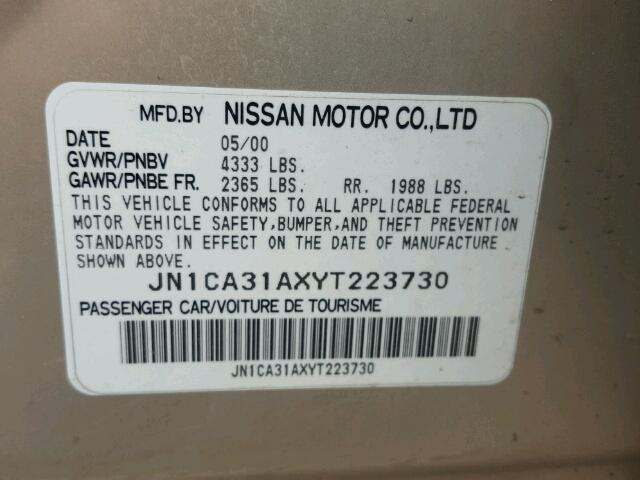 JN1CA31AXYT223730 - 2000 NISSAN MAXIMA GLE GOLD photo 10