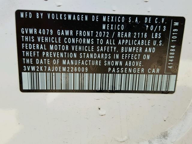 3VW2K7AJ0EM226009 - 2014 VOLKSWAGEN JETTA BASE თეთრი ფოტო 10