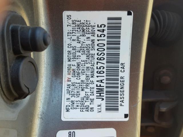 JHMFA16576S001545 - 2006 HONDA CIVIC LX GRAY photo 10