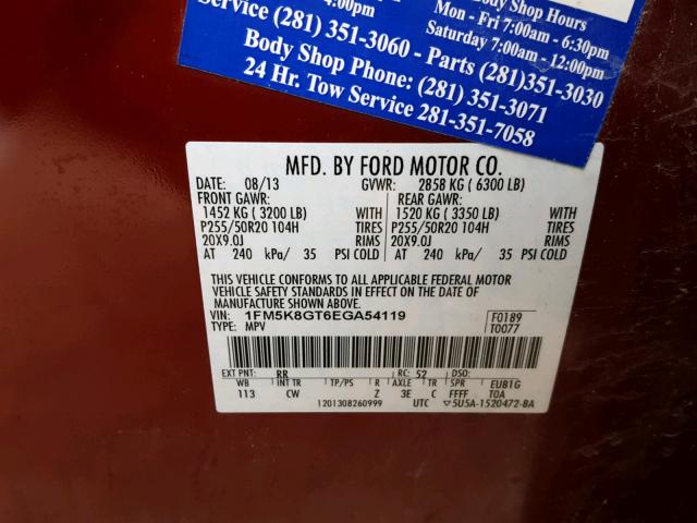 1FM5K8GT6EGA54119 - 2014 FORD EXPLORER S RED photo 10