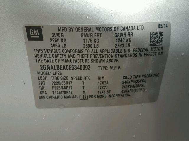 2GNALBEK0E6340093 - 2014 CHEVROLET EQUINOX LT SILVER photo 10