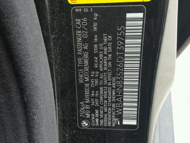 WBAHN83526DT39755 - 2006 BMW 750 LI BLACK photo 10