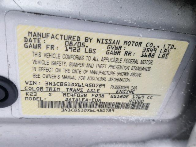 3N1CB51DX6L450789 - 2006 NISSAN SENTRA 1.8 SILVER photo 10