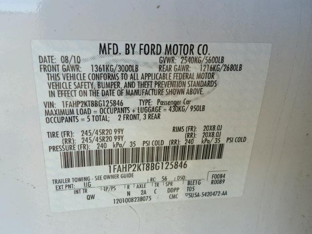 1FAHP2KT8BG125846 - 2011 FORD TAURUS SHO WHITE photo 10