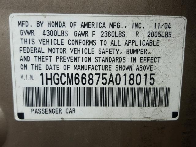 1HGCM66875A018015 - 2005 HONDA ACCORD EX GOLD photo 10