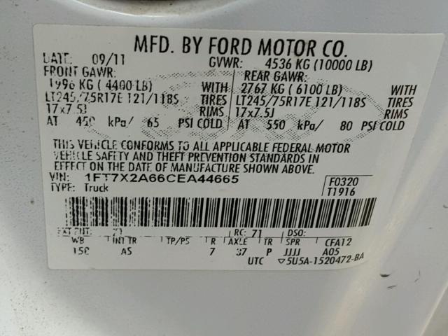 1FT7X2A66CEA44665 - 2012 FORD F250 SUPER WHITE photo 10