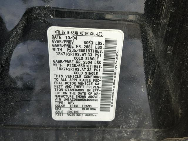 JN8AZ08W95W405690 - 2005 NISSAN MURANO SL BLACK photo 10