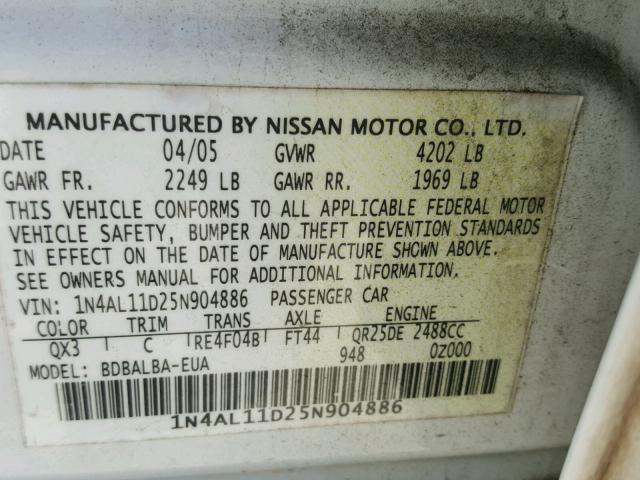 1N4AL11D25N904886 - 2005 NISSAN ALTIMA S WHITE photo 10