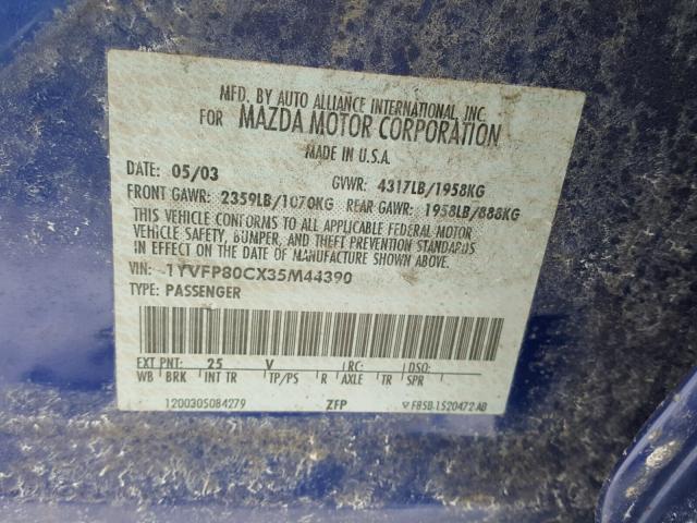 1YVFP80CX35M44390 - 2003 MAZDA 6 I Көк фото 10