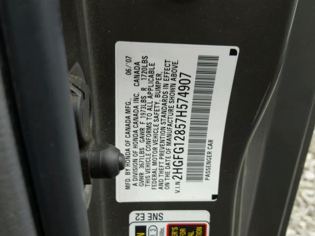 2HGFG12857H574907 - 2007 HONDA CIVIC EX Boz foto 10